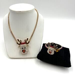 Betsey Johnson Gold Tone Crystal Pave Red Nose Reindeer Pendant & Bracelet Set